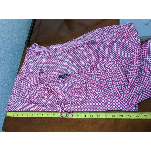 ANA Tunic Blouse M Pink Printed Hi Low V Split Neck Tie Front Office Relaxed Fit - Picture 9 of 12